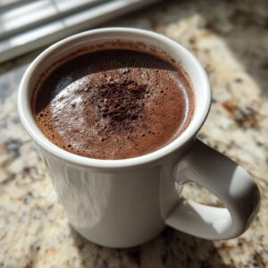 Close-up of a mug filled with rich, thick Champurrado, topped with cocoa powder.