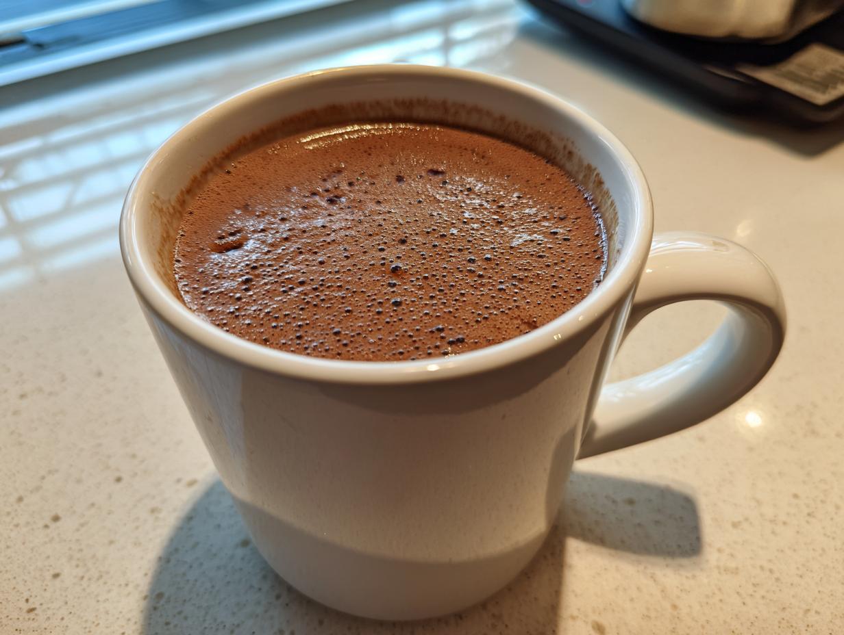 Close-up of a steaming mug filled with rich, thick Champurrado, showing a foamy top.