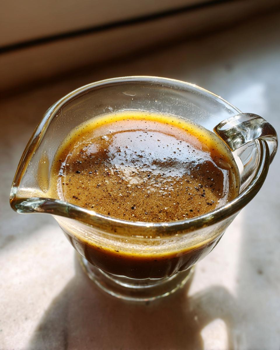 A close-up of silky smooth turkey gravy in a glass gravy boat, with visible pepper flecks.