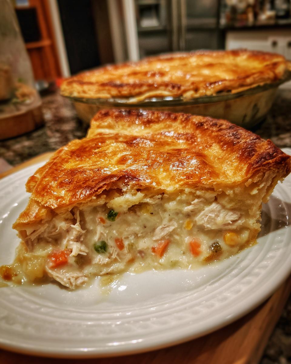 A generous slice of golden-brown crust turkey pot pie filled with tender turkey and vegetables.