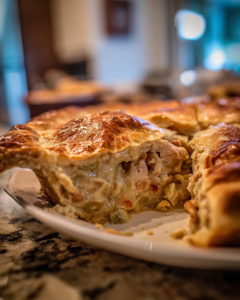 A close-up of a slice of Grandma's comforting Turkey Pot Pie, showing flaky crust and creamy filling with turkey and vegetables.