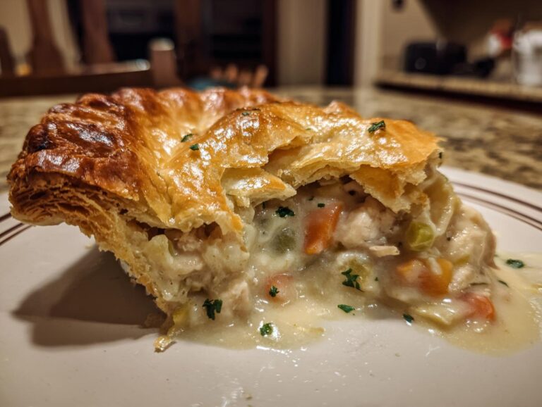 Close-up of a golden-brown slice of flaky turkey pot pie, filled with creamy turkey and vegetables.