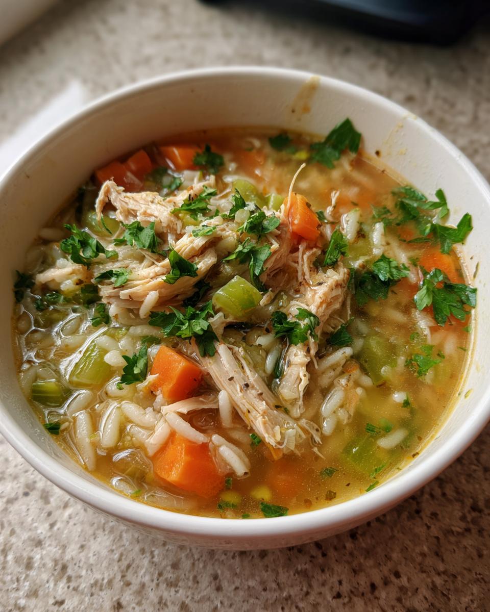 A close-up bowl of comforting turkey soup with shredded turkey, rice, carrots, celery, and parsley.