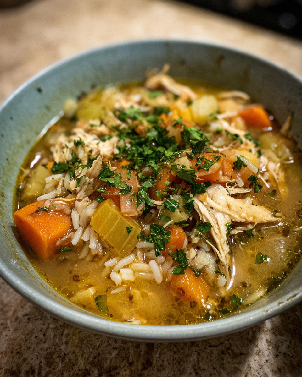A close-up of a comforting bowl of turkey soup, filled with shredded turkey, rice, carrots, celery, and herbs.