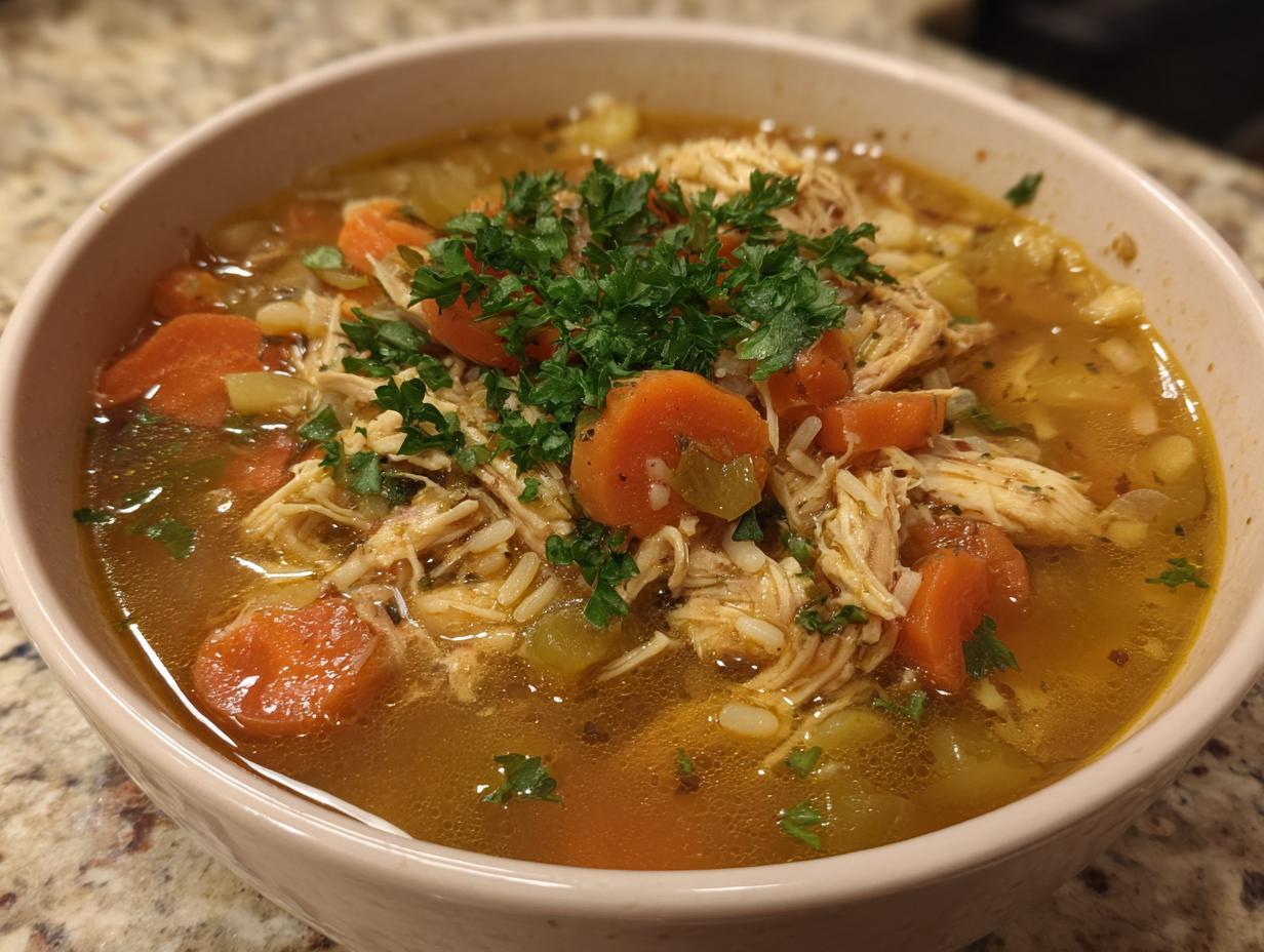 A close-up of a bowl of hearty turkey soup, filled with shredded turkey, carrots, rice, and herbs.