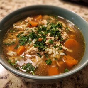 A close-up of a bowl of soul-restoring turkey soup, filled with shredded turkey, carrots, rice, and fresh parsley.