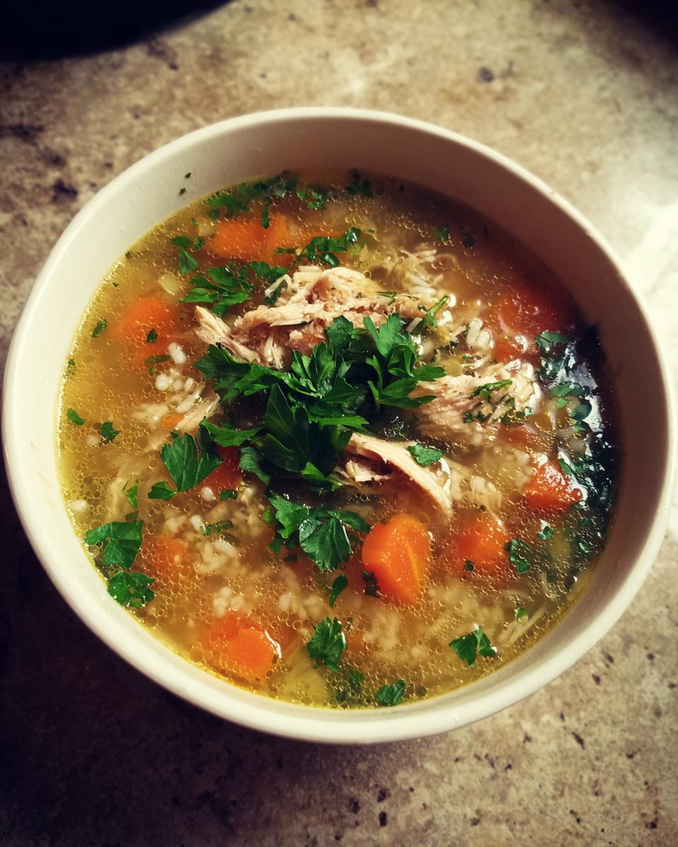 A close-up of a bowl of comforting turkey soup, filled with shredded turkey, carrots, rice, and fresh parsley.