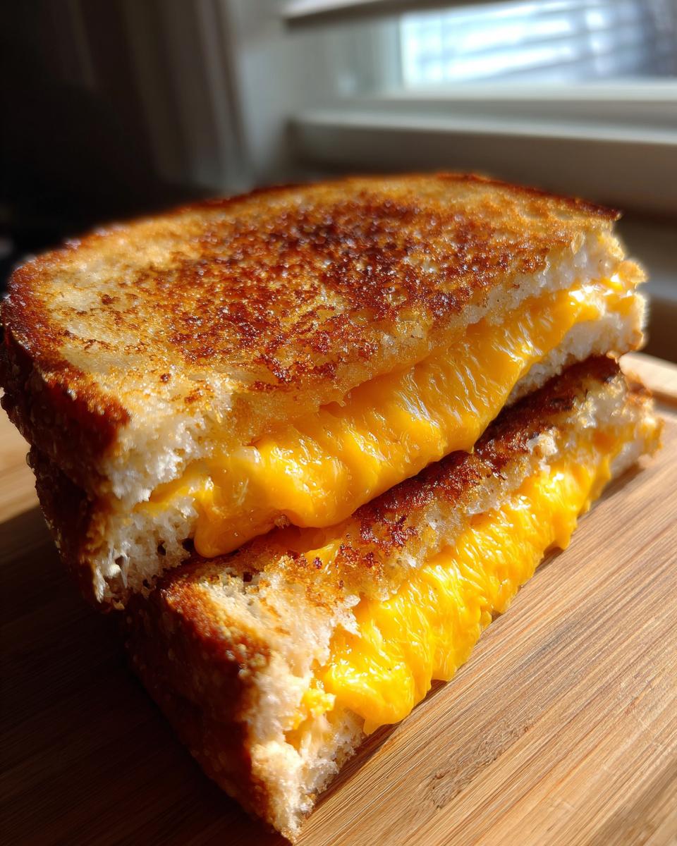 A perfectly golden brown grilled cheese sandwich, cut in half, revealing gooey melted cheddar cheese.