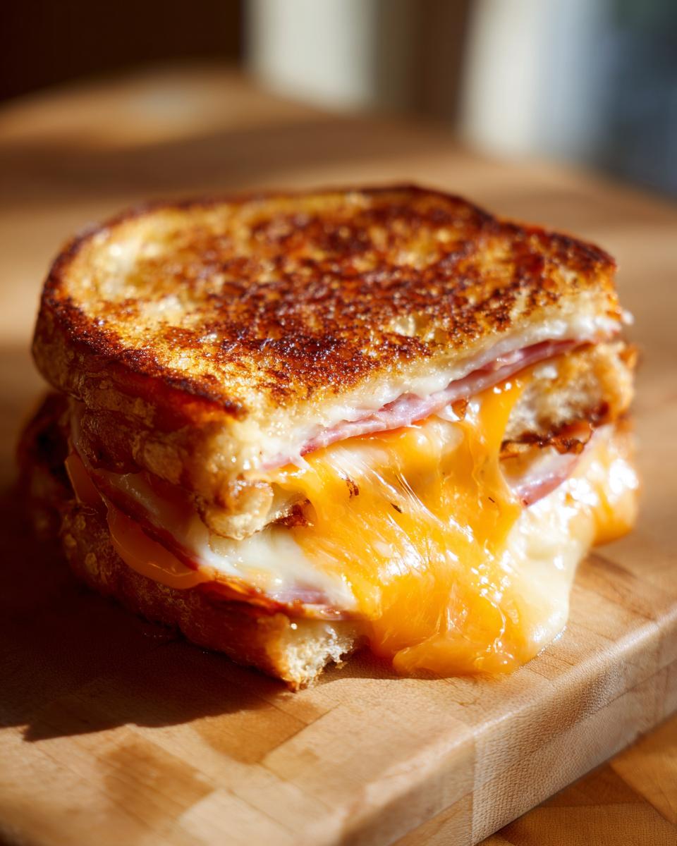 Close-up of a perfectly grilled cheese sandwich with ham and gooey, melted cheddar cheese oozing out.