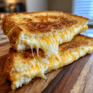 Close-up of a perfectly golden-brown grilled cheese sandwich with gooey, melted cheese oozing out.