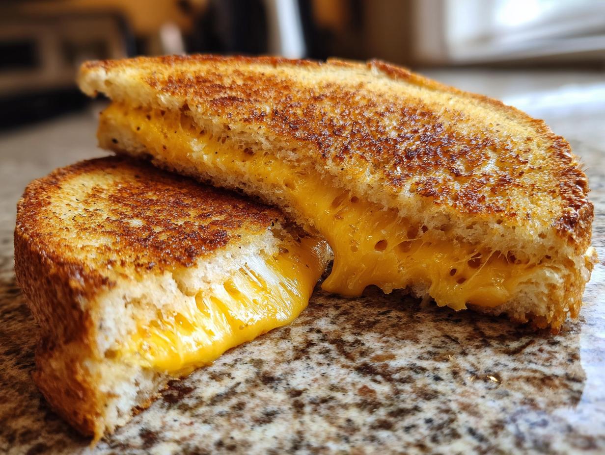 Close-up of a perfectly golden-brown grilled cheese sandwich, cut in half, with melted cheese oozing out.