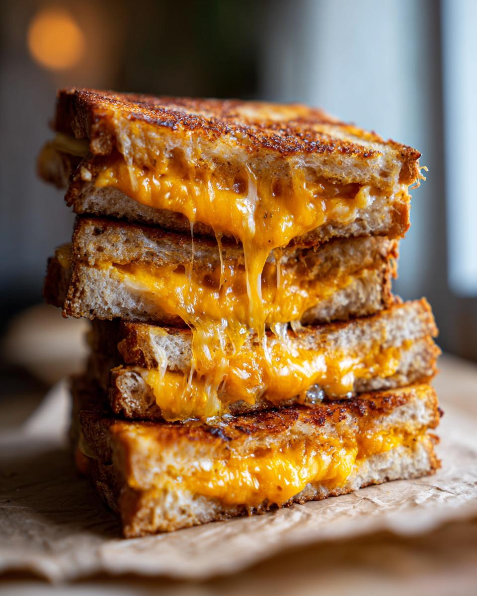 A tall stack of golden brown grilled cheese sandwiches with gooey, melted cheese dripping out.