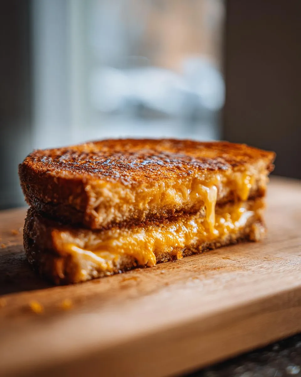 A perfectly golden brown grilled cheese sandwich with melted cheese oozing out, served on a wooden board.