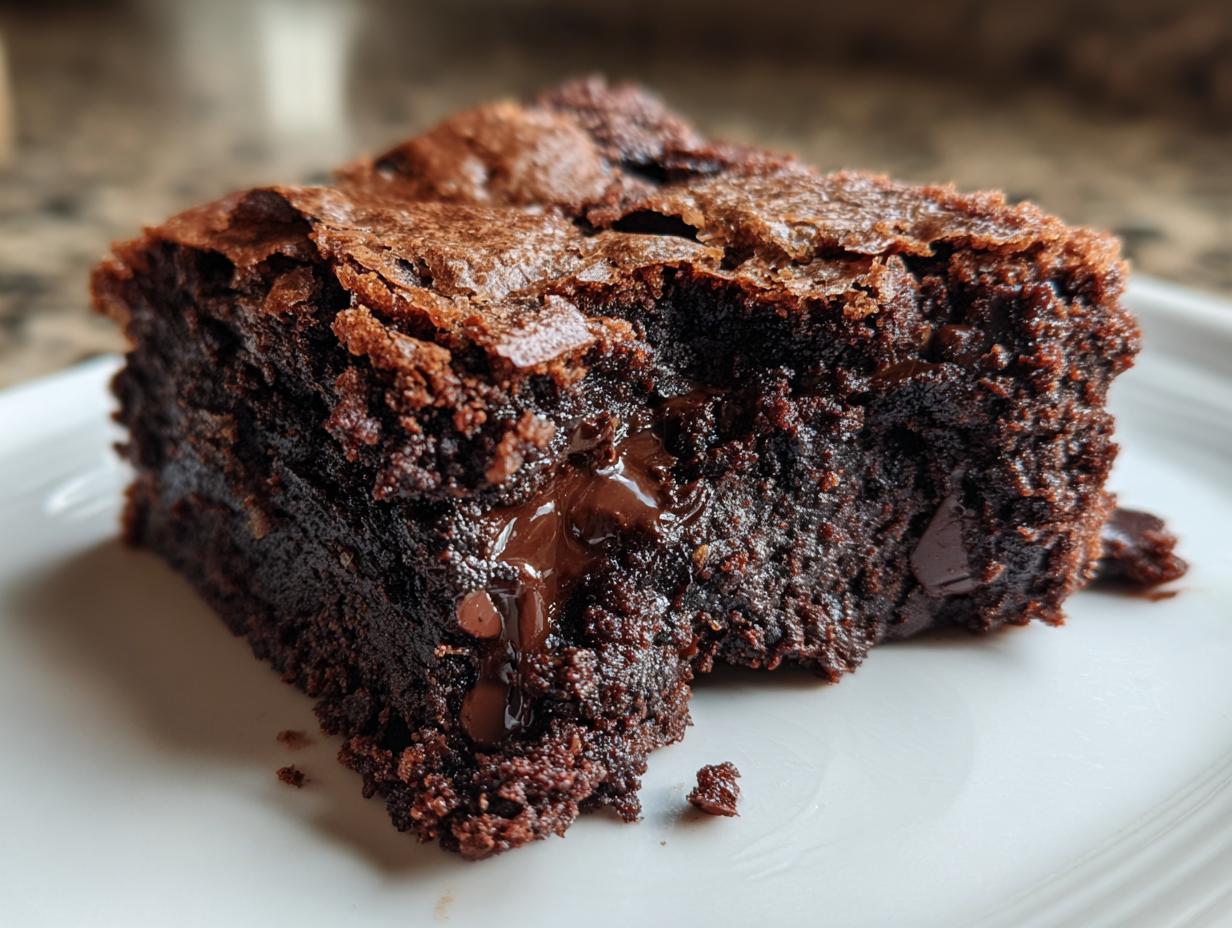 A close-up of a decadent vegan brownie with gooey melted chocolate chips and a fudgy interior.