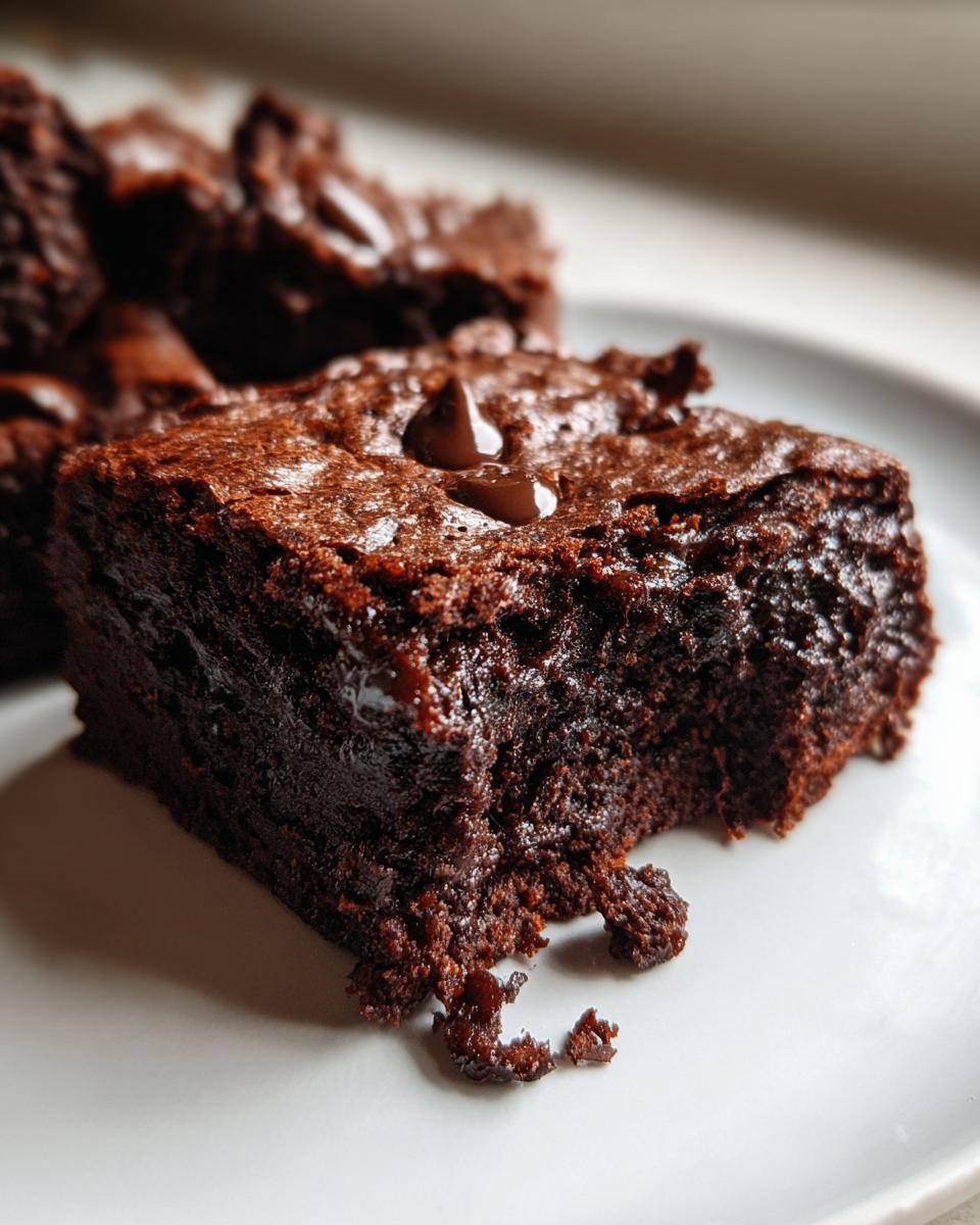 A close-up of a rich vegan brownie with a melted chocolate chip on top, showing its fudgy texture.
