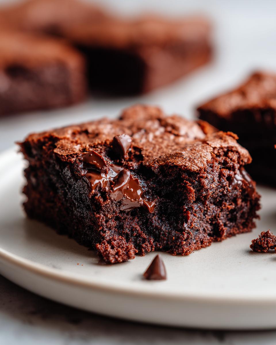 A close-up of a decadent vegan brownie with melted chocolate chips on a plate.