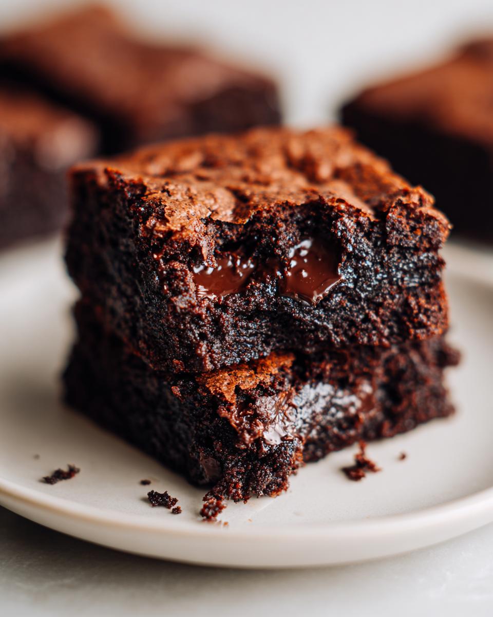 A stack of two decadent vegan brownies with a bite taken out of the top one, revealing gooey melted chocolate.