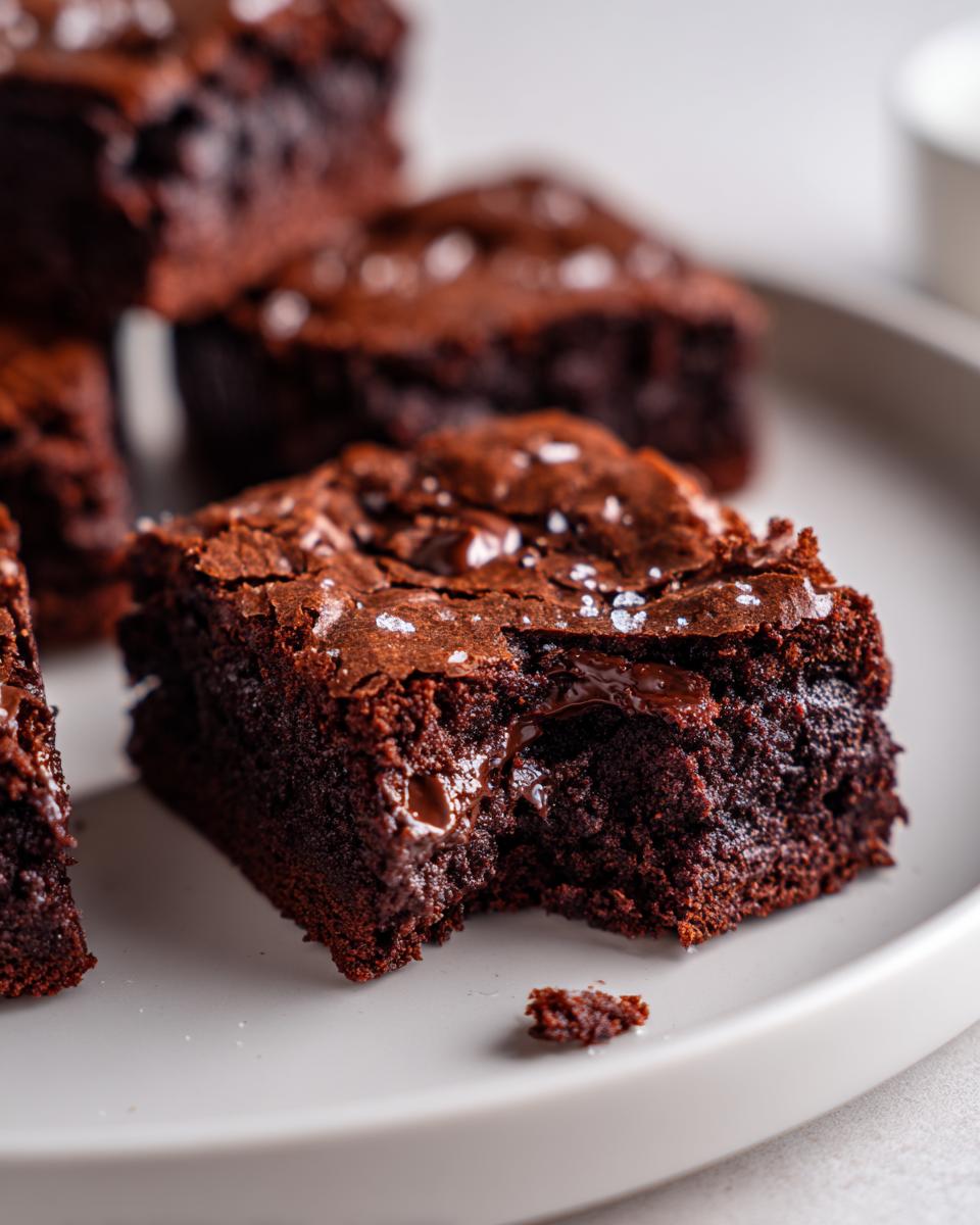 Close-up of a rich, fudgy vegan brownie with a bite taken out, showing melted chocolate chips and a sprinkle of sea salt.