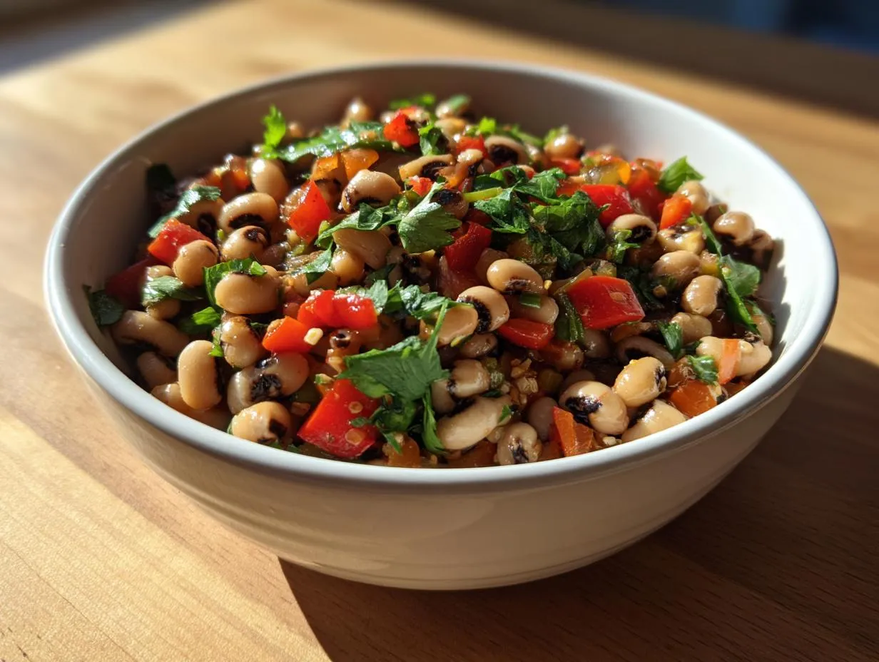 Close-up of a white bowl filled with vibrant Black-eyed pea salad mixed with diced red peppers and fresh herbs.
