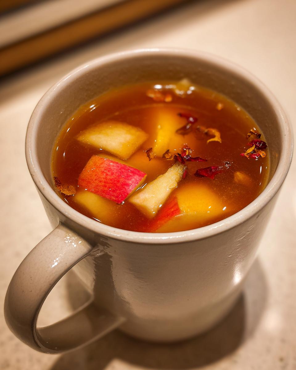Close-up of a warm mug filled with rich, amber Ponche Navideño, featuring chunks of red and yellow apple.