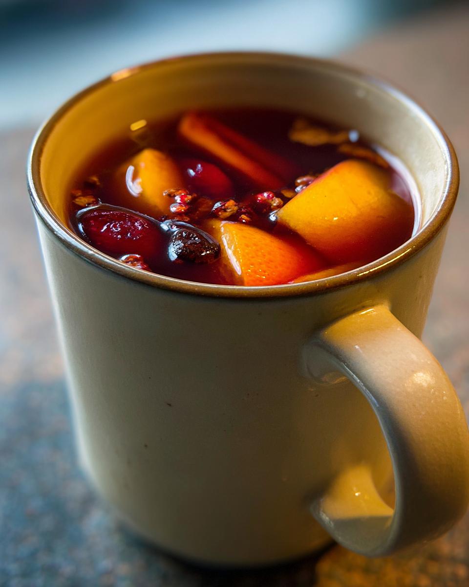 Close-up of a warm mug filled with rich red Ponche Navideño, featuring floating fruit pieces and spices.