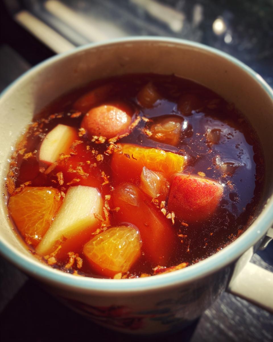Close-up of a steaming mug filled with rich red Ponche Navideño, featuring chunks of orange, apple, and spices.