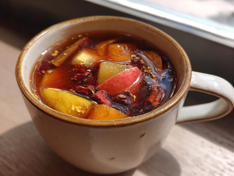 Close-up of a steaming mug filled with rich, dark Ponche Navideño, featuring visible pieces of apple and spices.