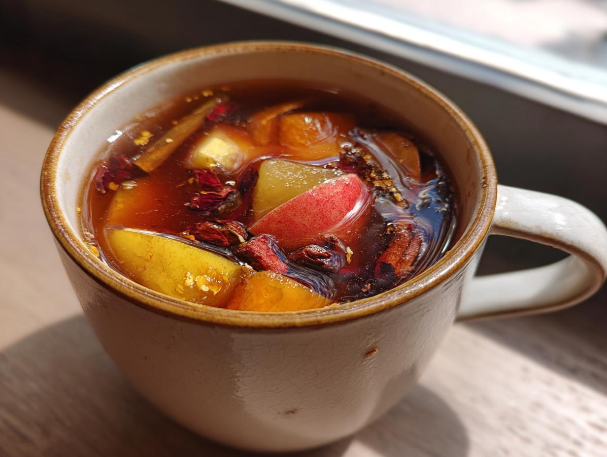 Close-up of a steaming mug filled with rich, dark Ponche Navideño, featuring visible pieces of apple and spices.