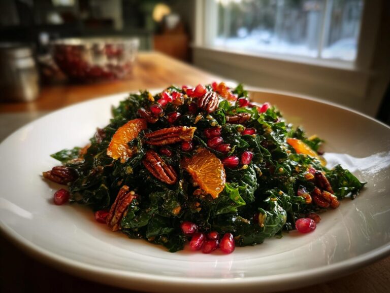 A vibrant Winter kale & pomegranate salad topped with pecans and orange slices served on a white plate.