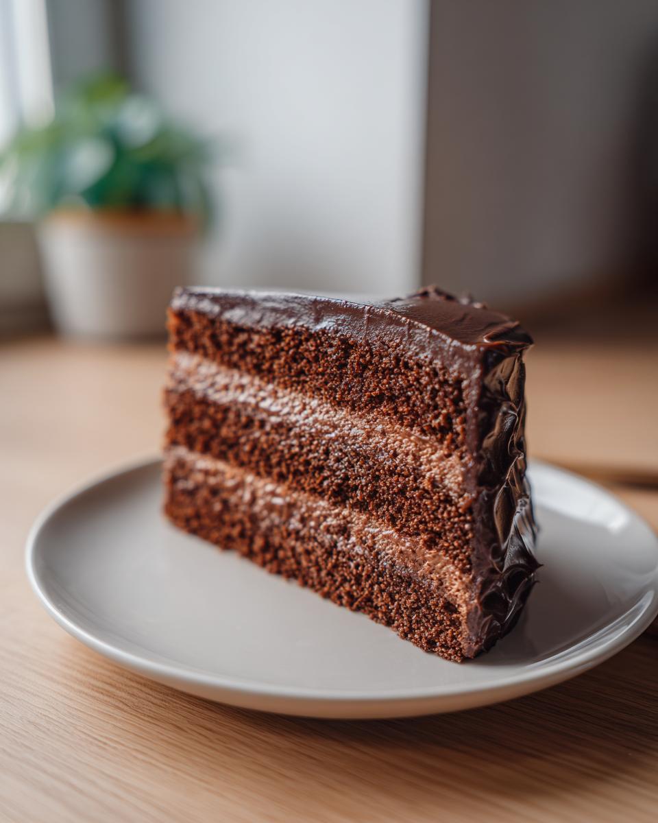 A rich slice of chocolate Yule log cake with three layers of moist cake and creamy frosting.