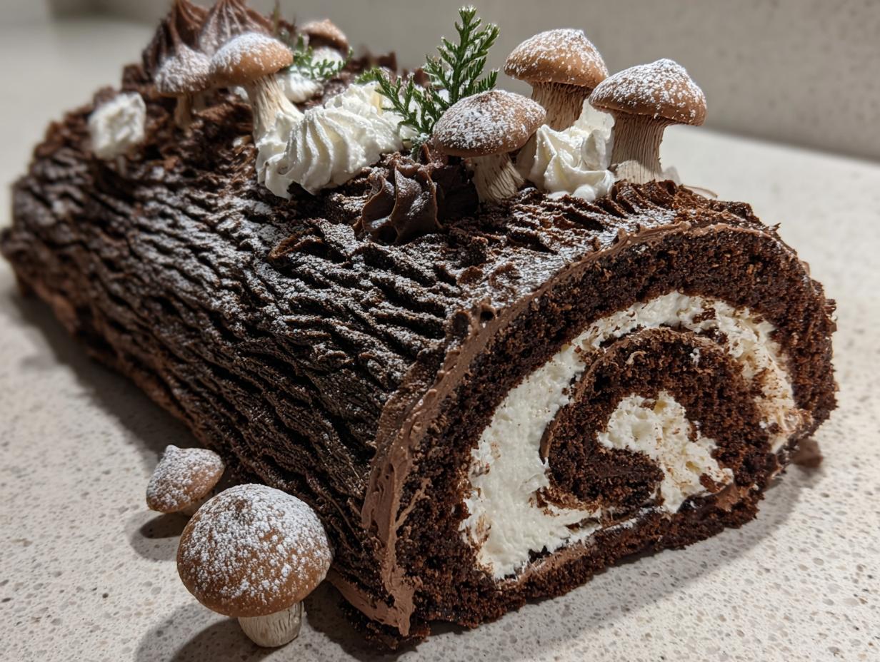 A festive chocolate Yule log cake decorated with meringue mushrooms and powdered sugar.