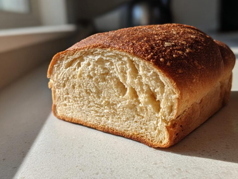 Close-up of a freshly baked loaf of whole wheat bread showing a golden brown, slightly speckled crust and soft interior crumb.