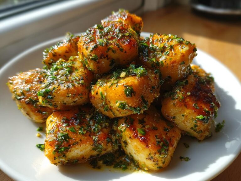 A close-up of golden brown, juicy chicken bites piled on a white plate, glistening with a parsley and garlic glaze.