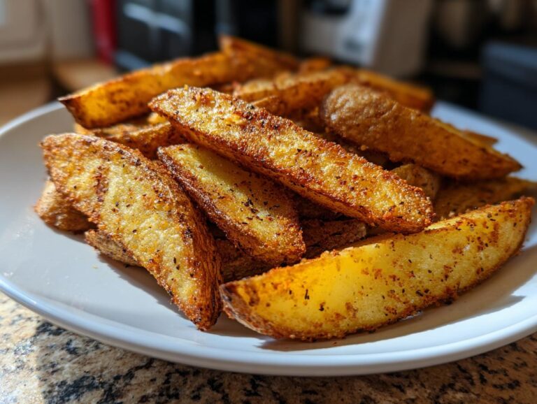 Close-up of golden brown, seasoned air fryer potato wedges piled high on a white plate.