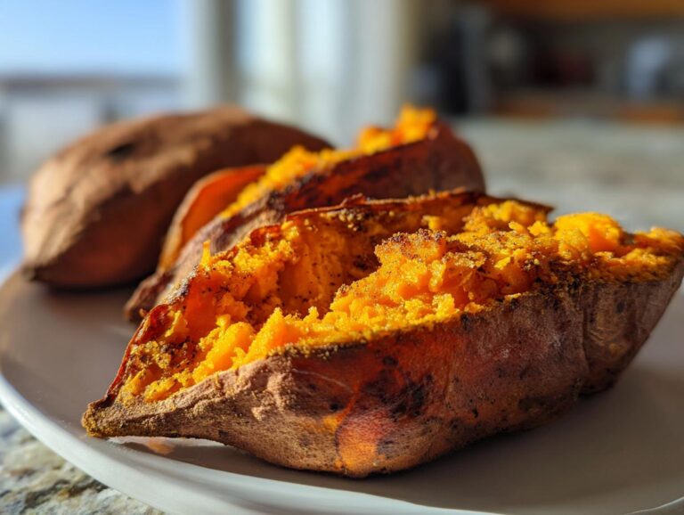 Close-up of fluffy, bright orange baked sweet potatoes split open on a white plate.