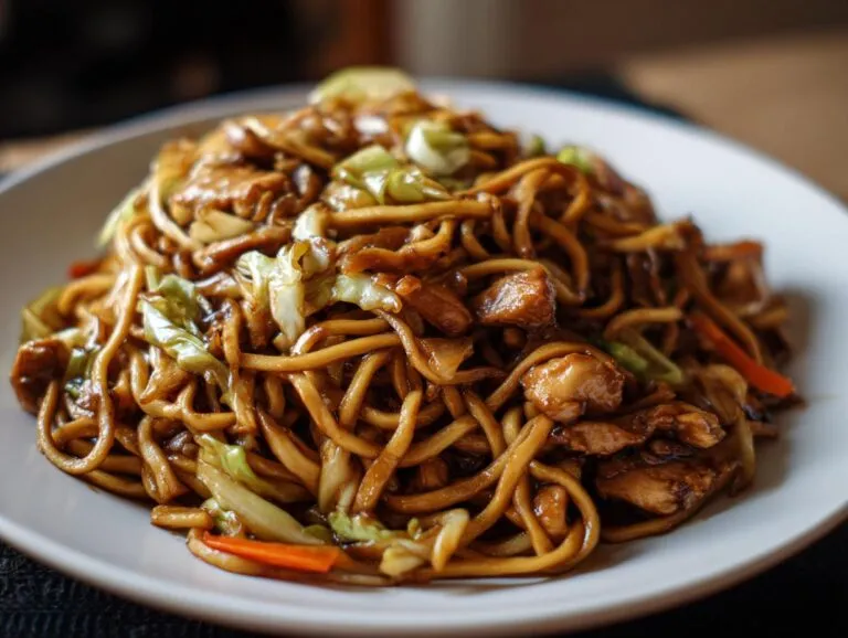 A close-up of a generous serving of homemade chicken chow mein recipe, featuring noodles, chicken pieces, and cabbage.