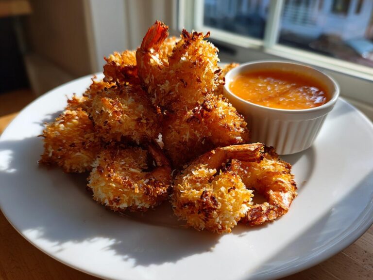 A plate of perfectly golden and crispy coconut shrimp served with a side of orange dipping sauce.
