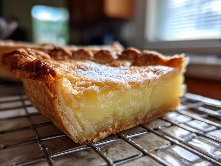 Close-up of a thick slice of golden custard pie with a flaky crust, lightly dusted with powdered sugar.