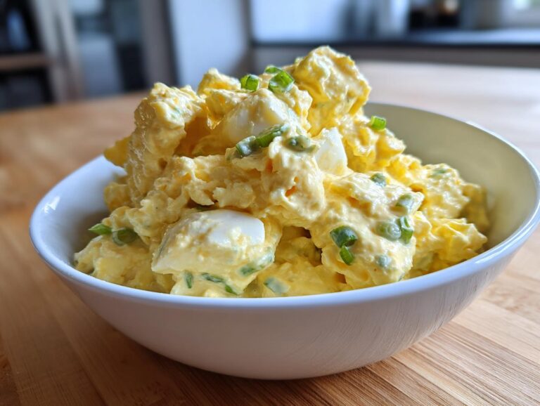 A generous serving of creamy, yellow egg salad topped with chopped green onions in a white bowl.