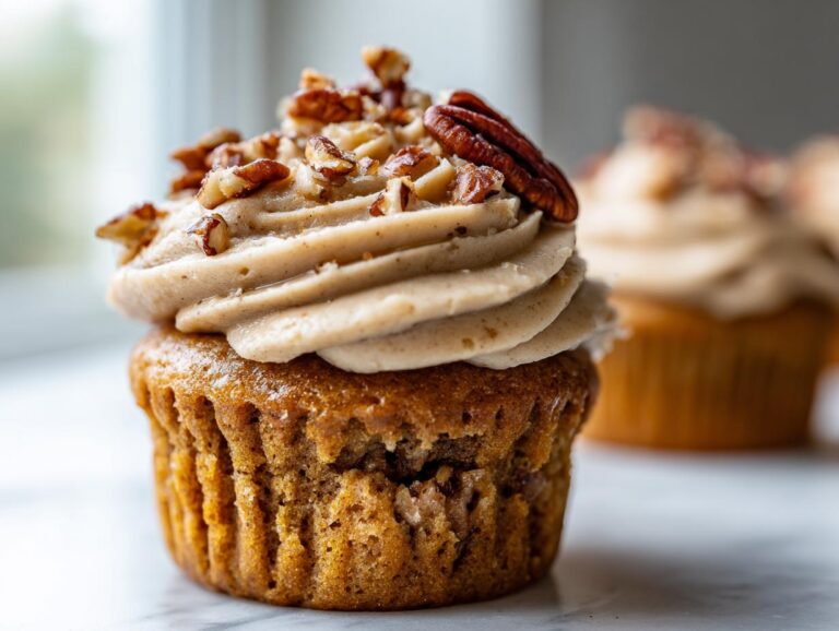 A close-up of one amazing pecan pie cupcake topped with brown-swirled frosting and chopped pecans.