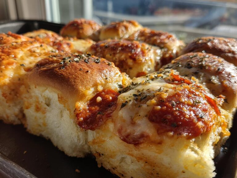 A close-up, sunlit view of freshly baked pizza sliders topped with melted cheese, pepperoni, and herbs.