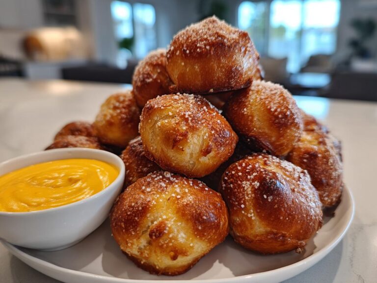 A stack of golden brown, salted pretzel bites served with a side of bright yellow cheese sauce for dipping.