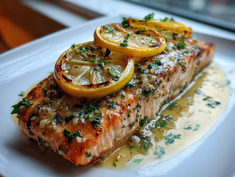 Close-up of a perfectly cooked salmon recipe fillet topped with charred lemon slices and fresh parsley.