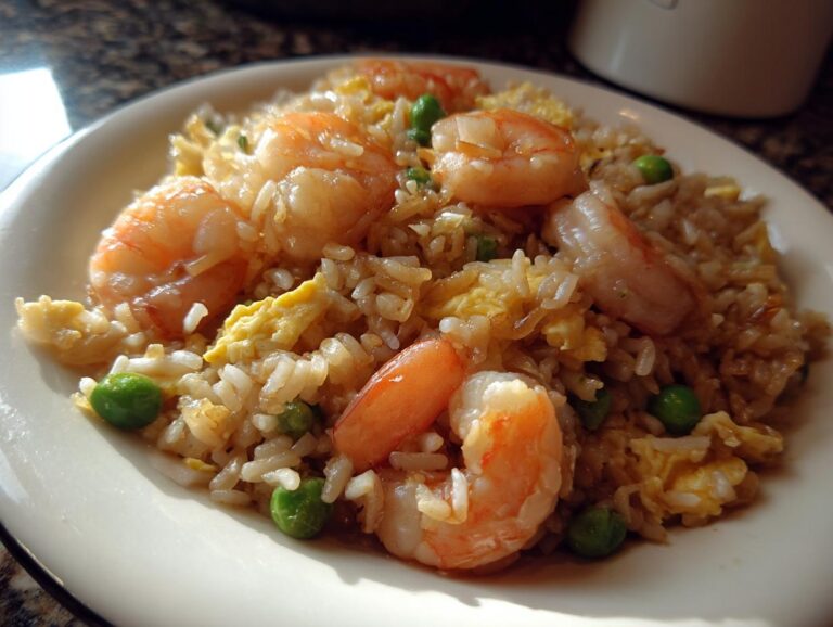 A close-up of a plate of homemade shrimp fried rice featuring plump shrimp, scrambled egg pieces, and bright green peas.