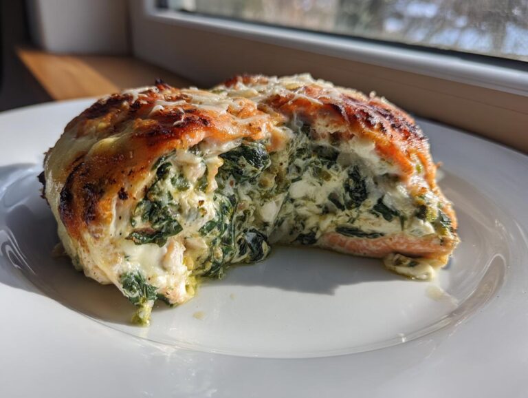 A cross-section view of amazing stuffed salmon filled with creamy spinach and cheese, baked until golden brown.