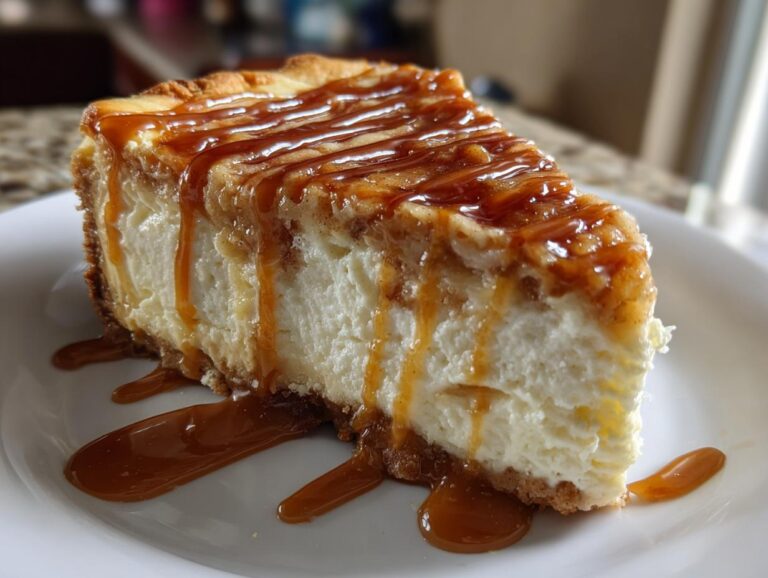 A decadent slice of apple pie cheesecake topped generously with a rich caramel drizzle.