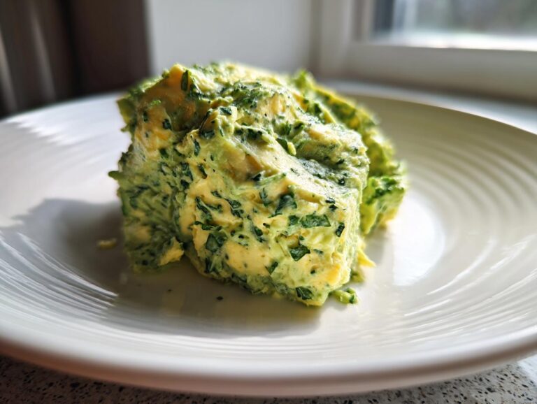 A scoop of vibrant green avocado egg salad mixed with chopped herbs served on a white, ridged plate.