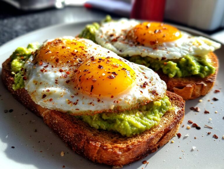 Two slices of avocado toast topped with mashed avocado and perfectly cooked sunny-side-up eggs, sprinkled with chili flakes.