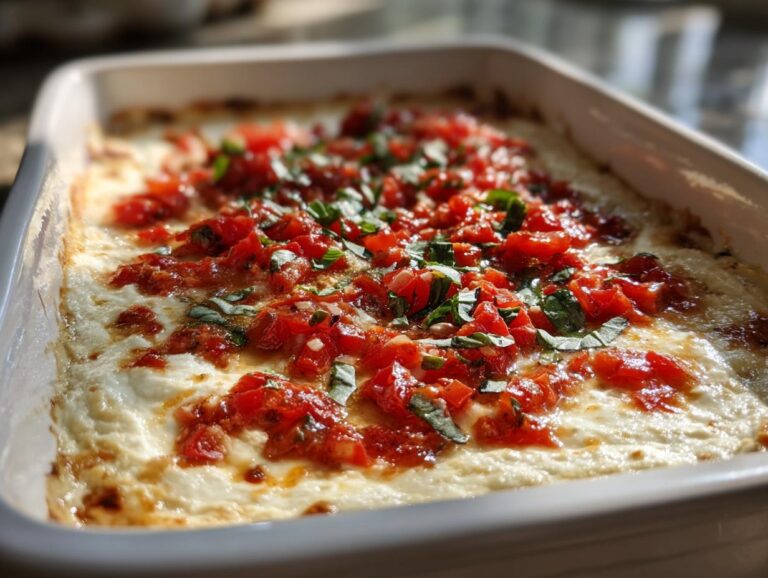Close-up of hot, baked bruschetta dip with melted cheese and chunky tomato topping in a white baking dish.