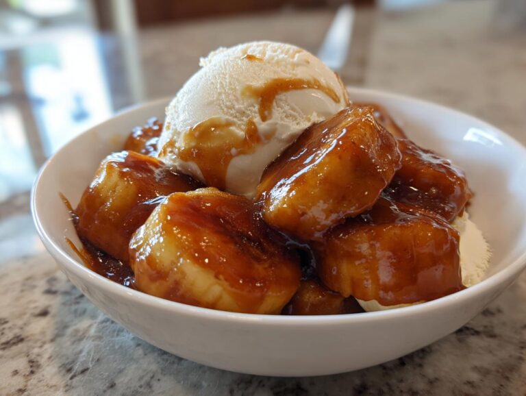 Close-up of warm, caramelized bananas foster topped with a scoop of melting vanilla ice cream in a white bowl.